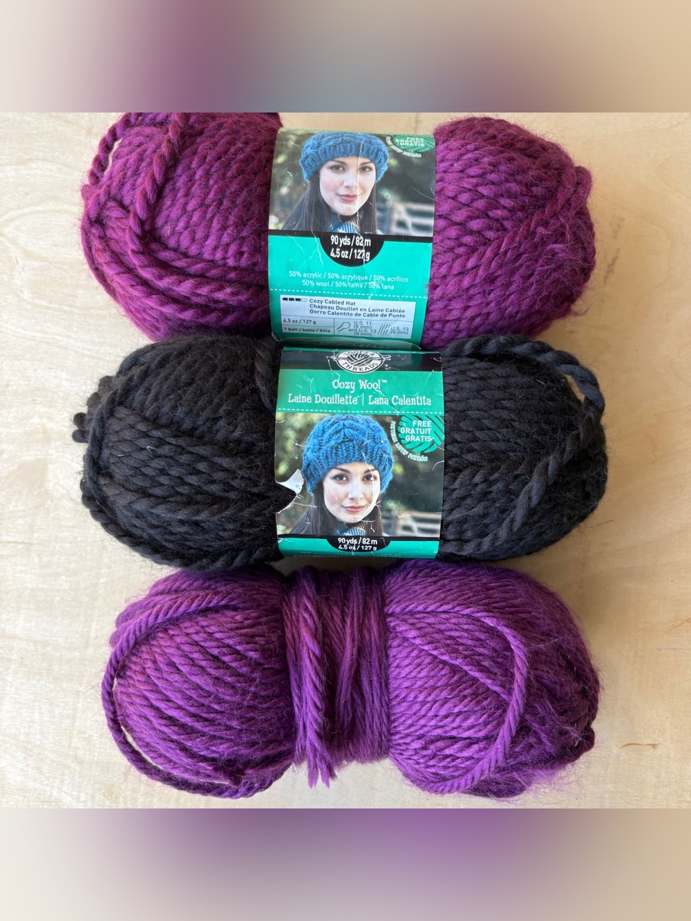 Loops & Threads Cozy 50% Wool Blend Yarn 90yds Multi Color Lot Of 3 Black Purple